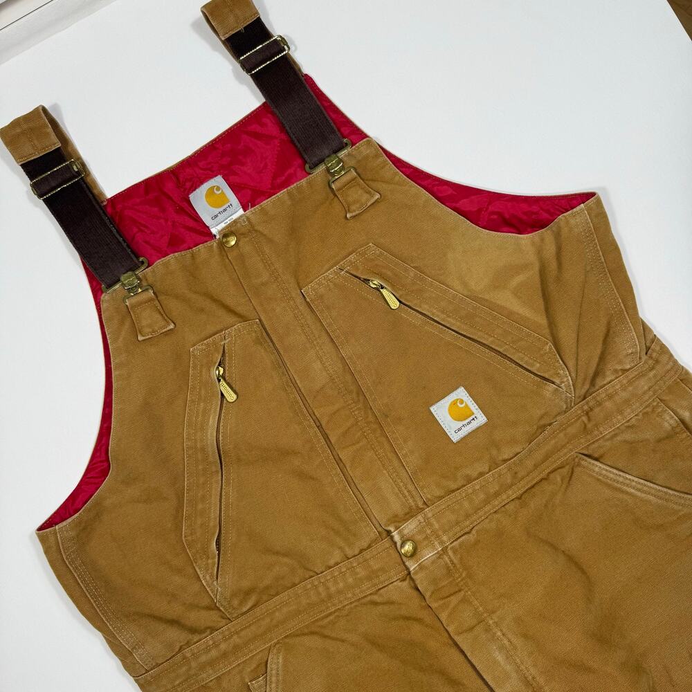 Vintage Carhartt Duck Canvas Insulated Bib Overalls Brown Quilt‎ Lined 44x30
